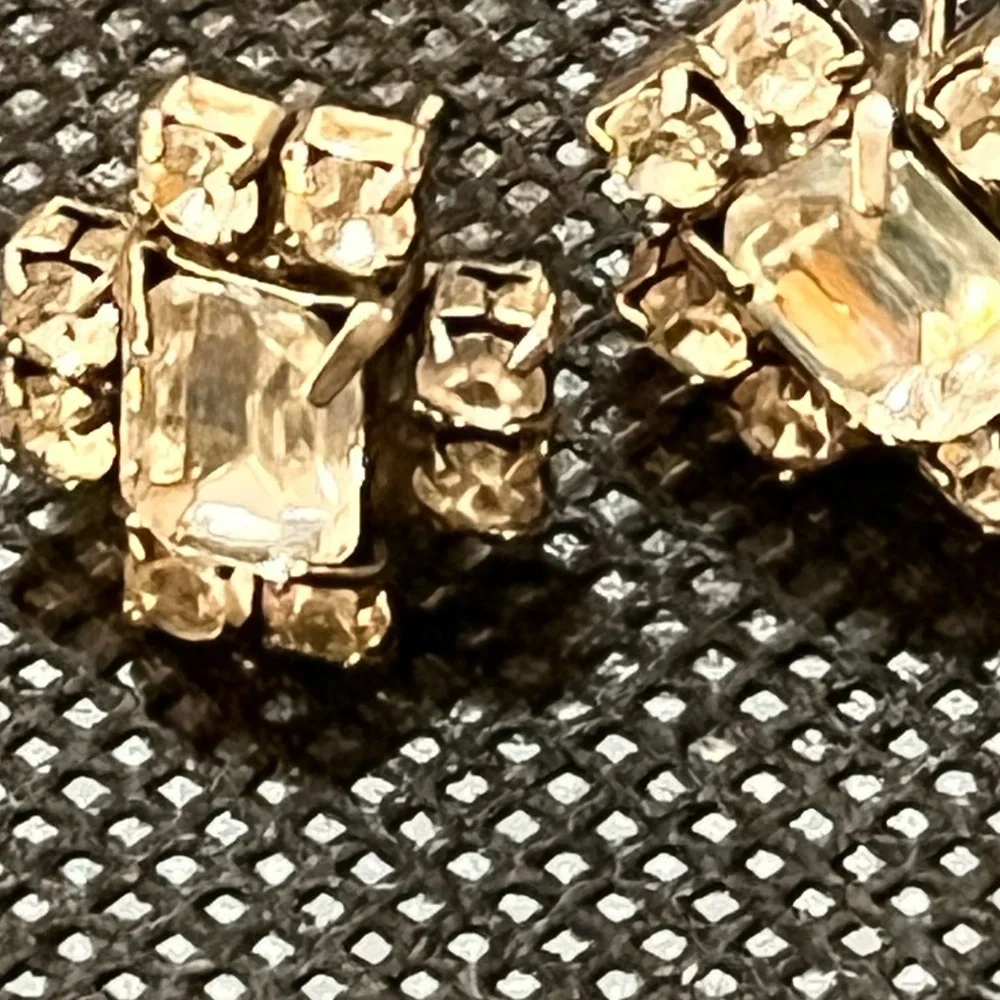 Vintage Clear Crystal Emerald Cut Rhinestone Pierced Stud Earrings MCM Retro